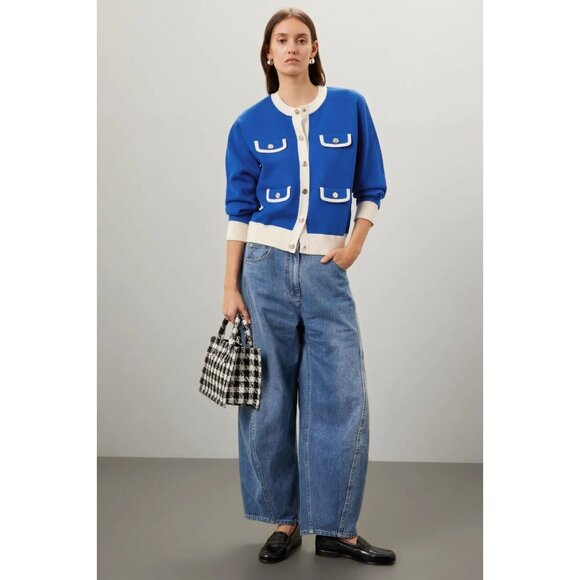 NWT SANDRO Murcie Green Ivory Knit Boxy Crest Button Cardigan Sweater, Size 1/S - Picture 2 of 16